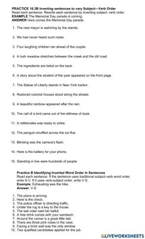 PRACTICE 16.3B Inverting sentences to vary Subject—Verb Order