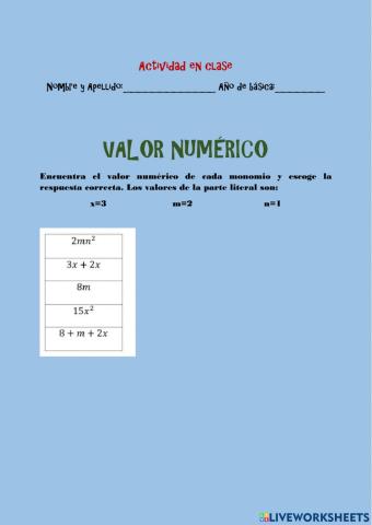 Valor numérico de monomios
