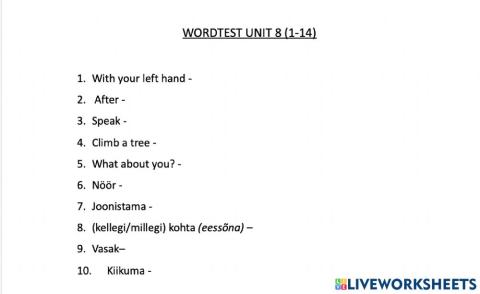 Wordtest Unit 8 (1-14)