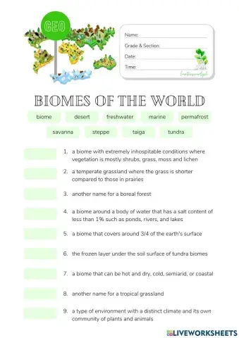 Exploring Earth's Biomes: Vocabulary Worksheet (HuntersWoodsPH)