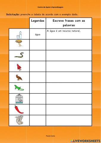 Escrita de frases com palavras dadas