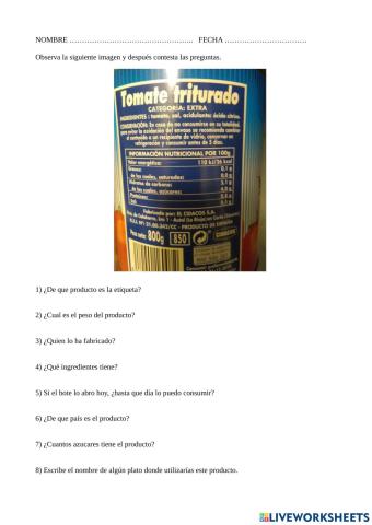 Compresnión lectora: Etiqueta tomate triturado