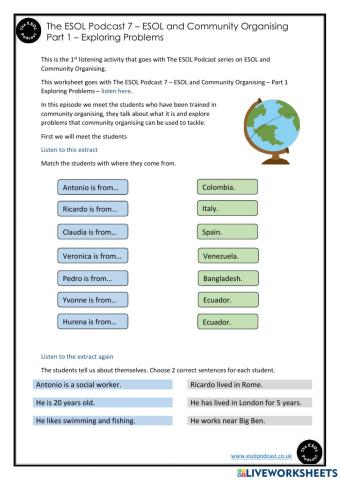 The ESOL Podcast 7 - ESOL and Community Organising - Part 1 - Exploring Problems - Worksheet 1