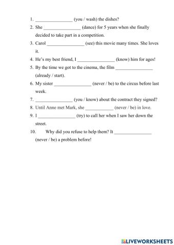 Present Perfect, Past Perfect, Present Perfect Continuous, Past Perfect Continuous