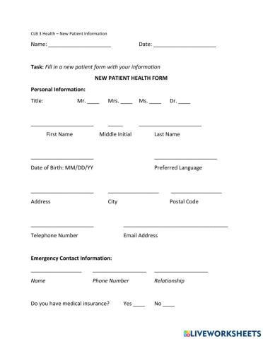 Patient Health Information Form (CLB 3)