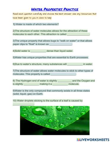 Water Properties Practice