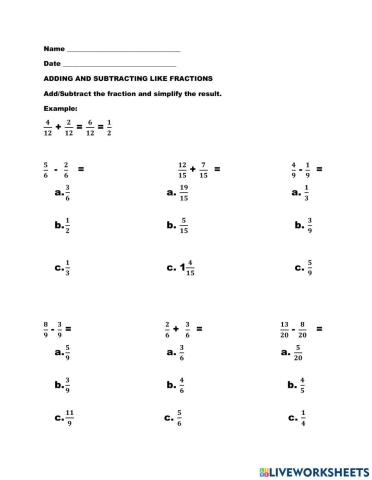 Adding and Subtracting Like Fractions