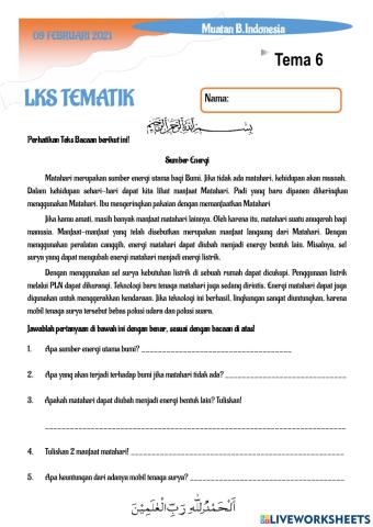 LKS Tematik Tema 6 Muatan B. Indonesia (Sumber Energi)