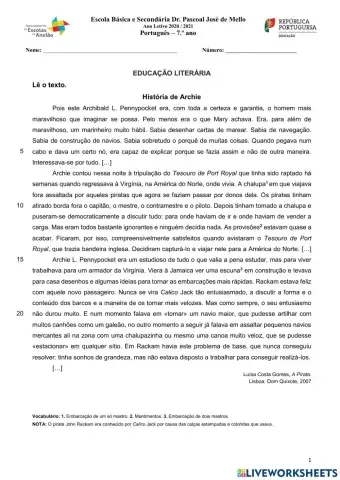Ficha de avaliação formativa - Educação literária