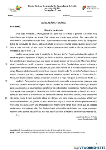Ficha de avaliação formativa - Educação literária