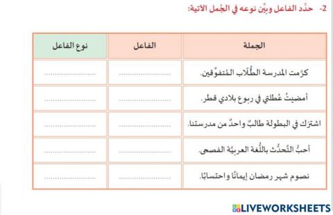 ورقة عمل الفاعل