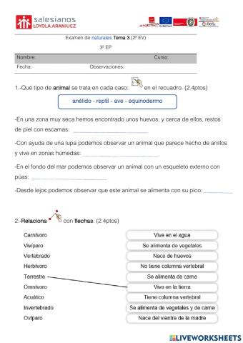 Examen Natu Clasificación Animales