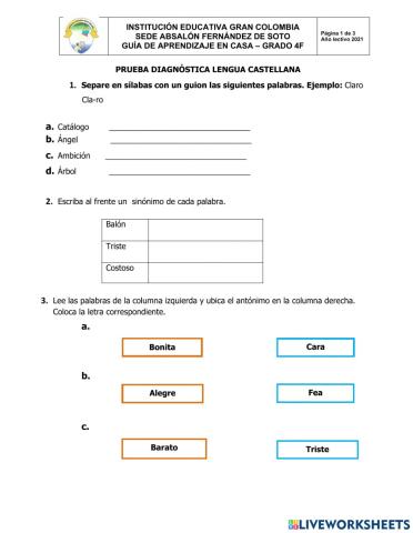 PRUEBA DIAGNÓSTICA GRADO 4F LENGUA CASTELLANA