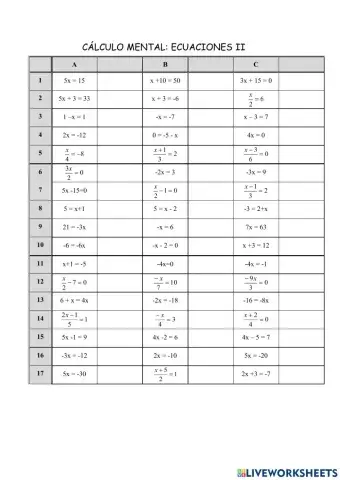 Cálculo mental 15: Ecuacións II