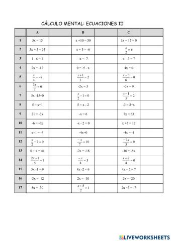 Cálculo mental 15: Ecuacións II
