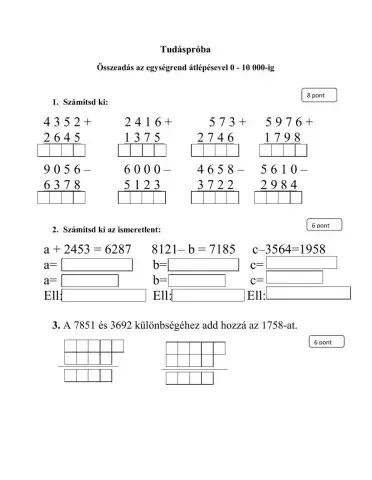 Matematika felmérő 10000-ig altépéssel