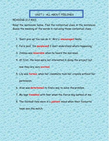 UNIT 1 : ALL ABOUT FEELINGS (CONTEXTUAL CLUES)
