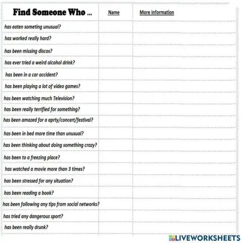 Find someone who... (present perfect simple-continuous)