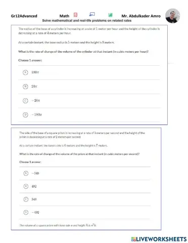 Solve mathematical and real-life problems on related rates