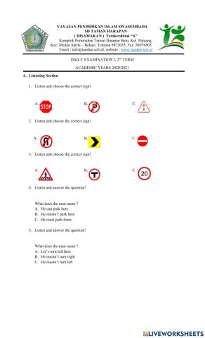 Listening 1st Assessment test English Grade 4