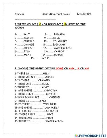 Count-Non count nouns  assignment