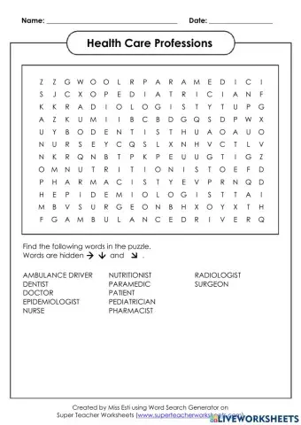Health Care Professions - Wordsearch
