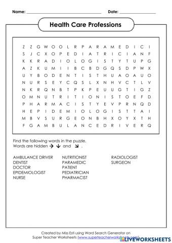 Health Care Professions - Wordsearch
