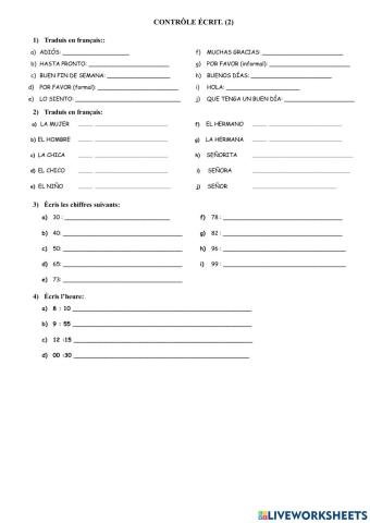 Control escrito vocabulario (saludos, números, la hora)
