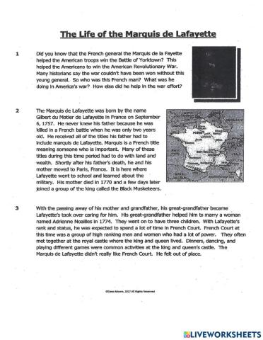 Life of the Marquis de Lafayette Article and Questions