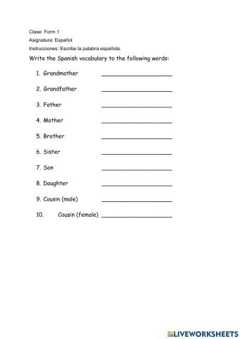 La familia vocabulary