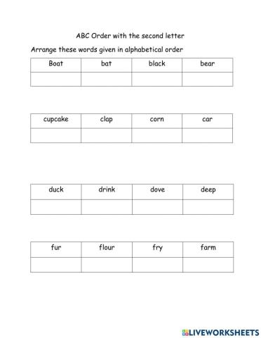 ABC order with the second letter Worksheet
