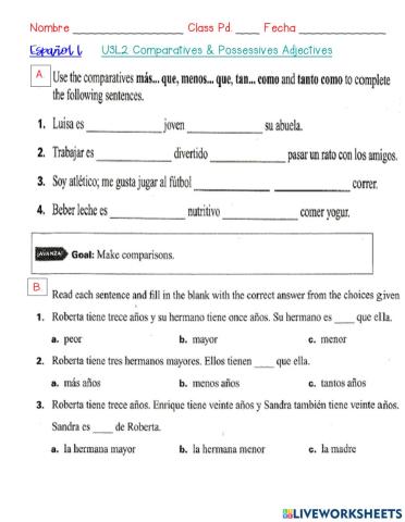 U3L2 Possessive Adjectives and Comparatives Practice