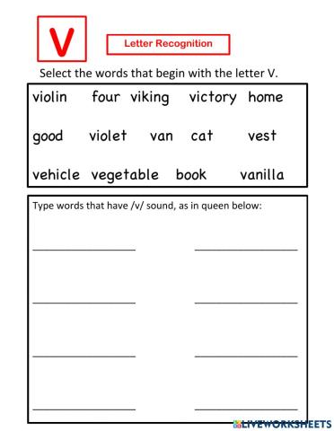 Letter V recognition - Select and Write