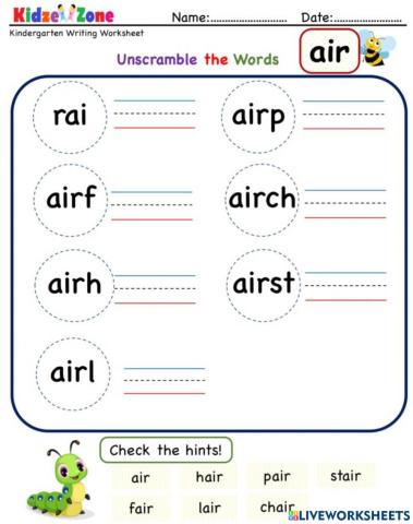 Write the correct 'air' phonics