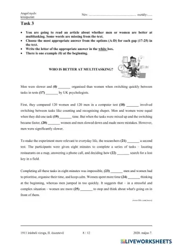 Matura B1 Use of English Gap Fill (multiple choice)