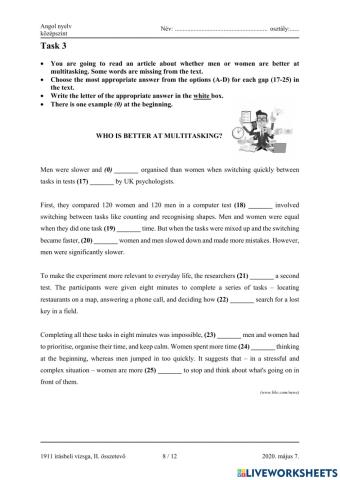 Matura B1 Use of English Gap Fill (multiple choice)