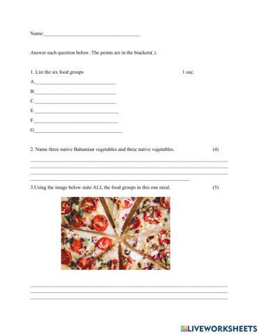 Food Groups Work sheet