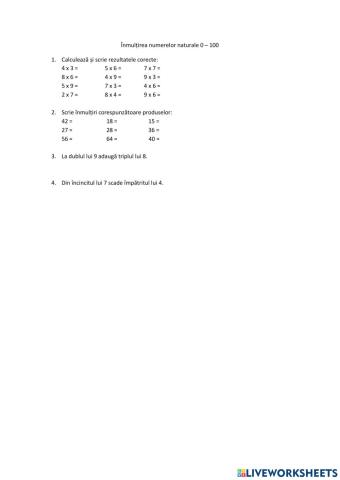 Inmultirea numerelor naturale 0-100