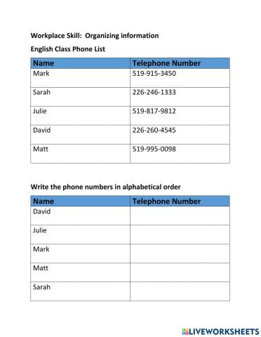 Phone Numbers - Organizing Info