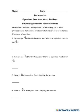 Equivalent Fractions Simplifying Fractions Word Problems