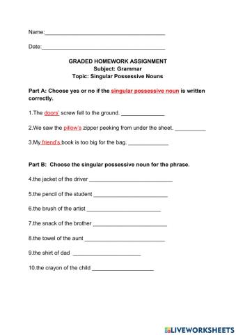 Singular Possessive Nouns Graded Homework Assignment