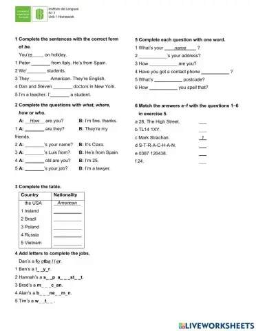 Verb to be- Countries and Nationalities- Jobs- Personal information