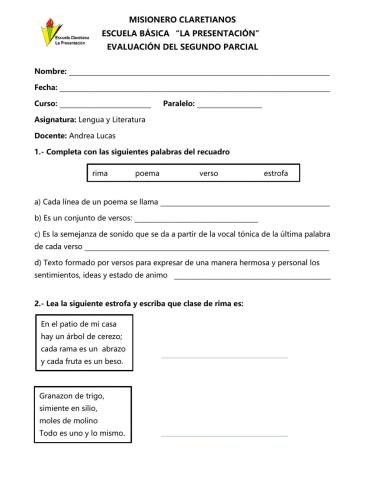 Evaluación del segundo parcial de lengua décimo