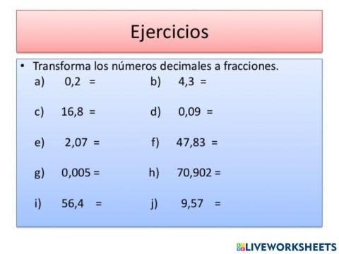 Números decimales a fracciones