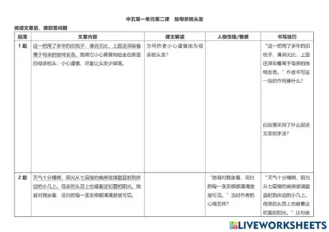 中五第一单元第二课 为母亲梳头发