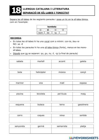 Separació síl·labes i tonificació - Fitxa 18