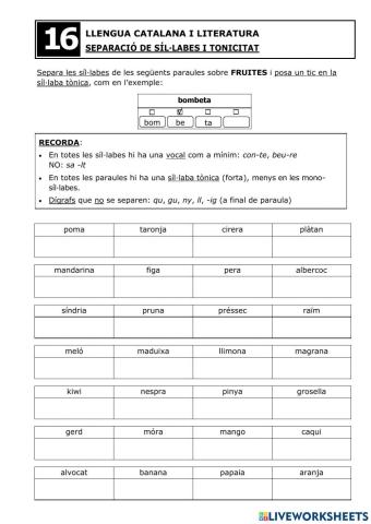 Separació síl·labes i tonificació - Fitxa 16