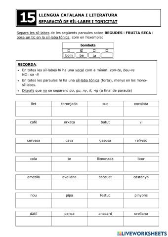Separació síl·labes i tonificació - Fitxa 15