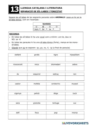 Separació síl·labes i tonificació - Fitxa 13