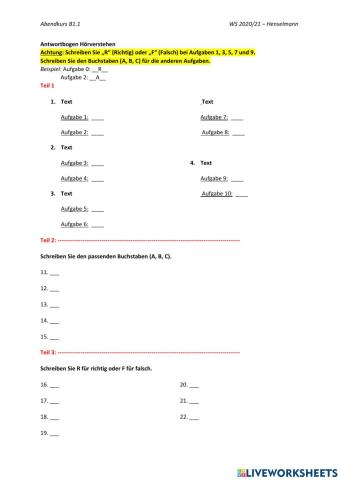 Antworten Mock Test B1.1 - III Hören